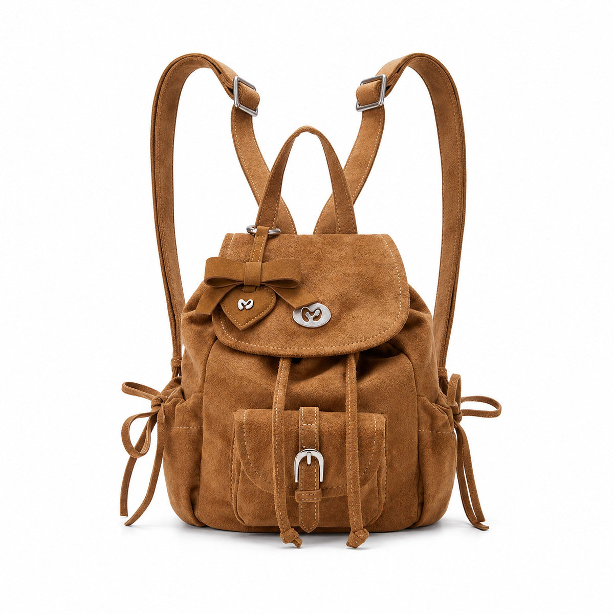 Mcmiko Velvet Backpack, fawn with heart charm, studio view